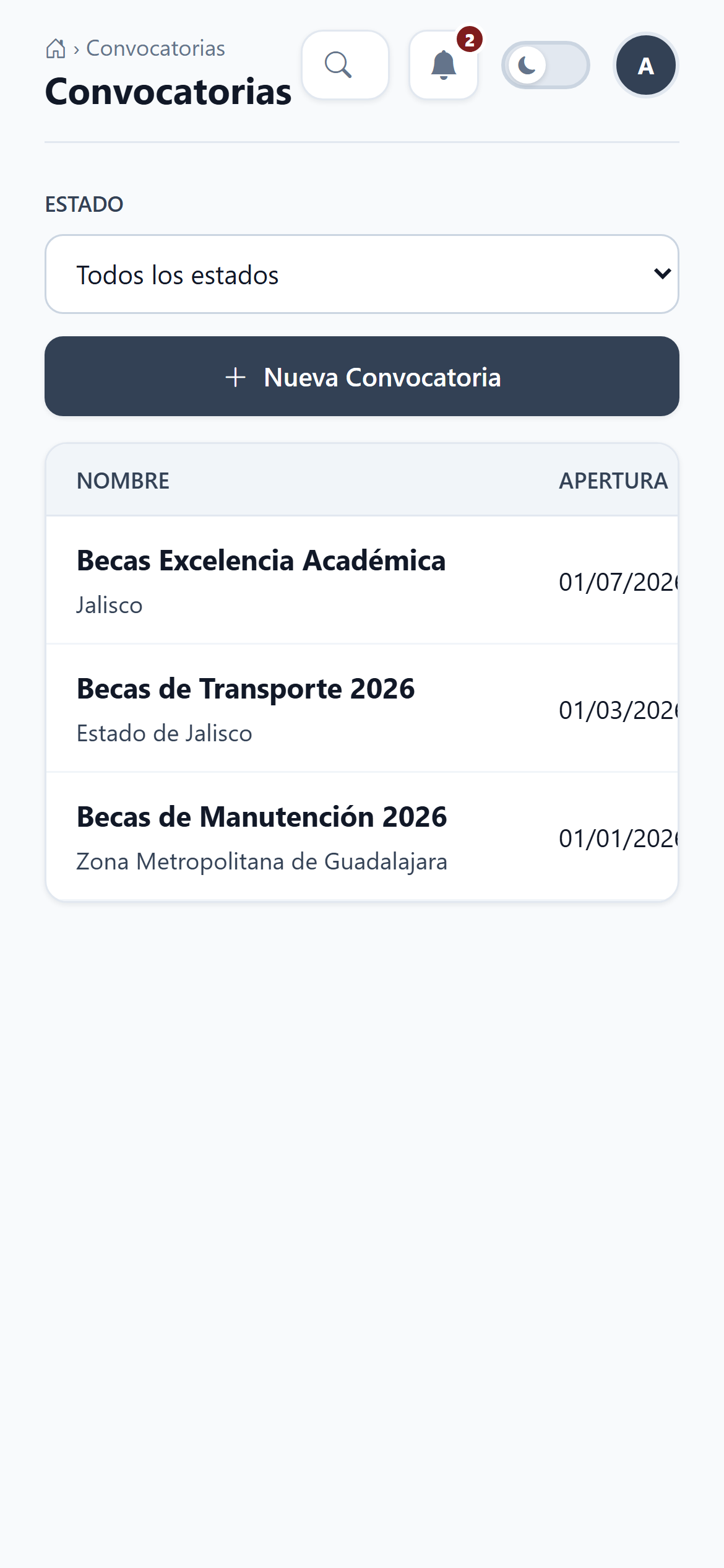 Convocatorias en vista movil de SmartAid
