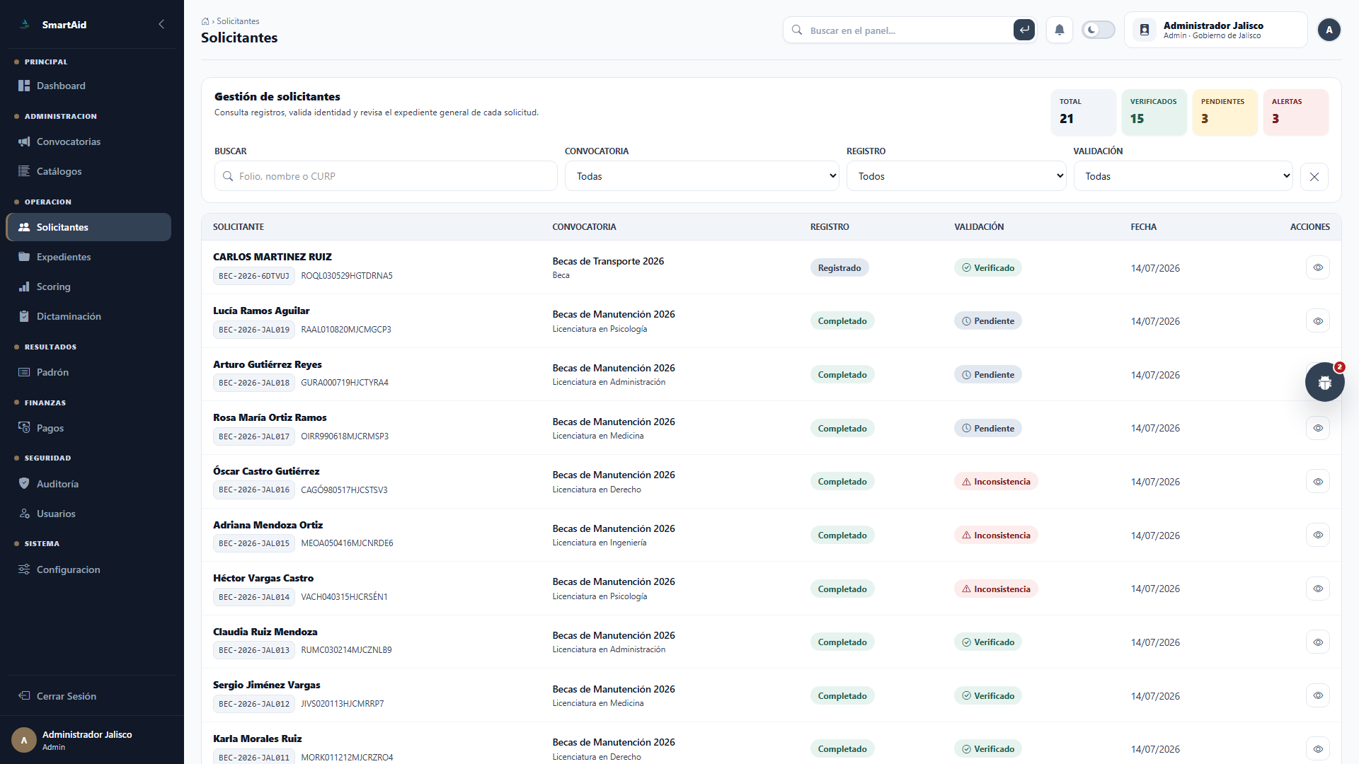 Modulo de solicitantes de SmartAid con listado de expedientes